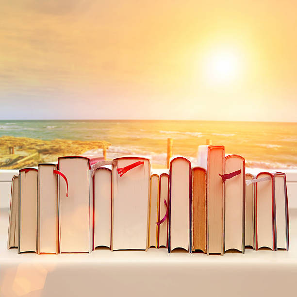 Books aligned on window sill with a seaside sunset background