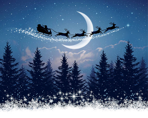 santa claus und schlitten am ersten abend - christmas christmas tree snowing blue stock-grafiken, -clipart, -cartoons und -symbole