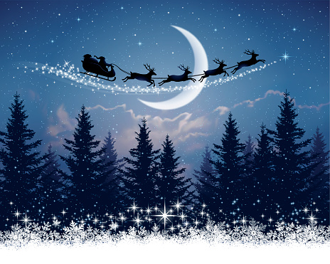 Christmas Night illustration of Santa Claus and his sleigh. AI 10 file and Hi-res jpg included (5192x4158px). File is layered.