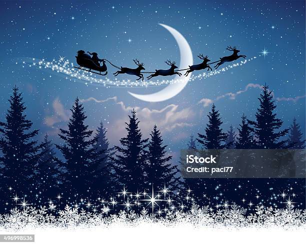 Santa Claus And His Sleigh On Christmas Night Stock Illustration - Download Image Now - Christmas, Santa Claus, Animal Sleigh