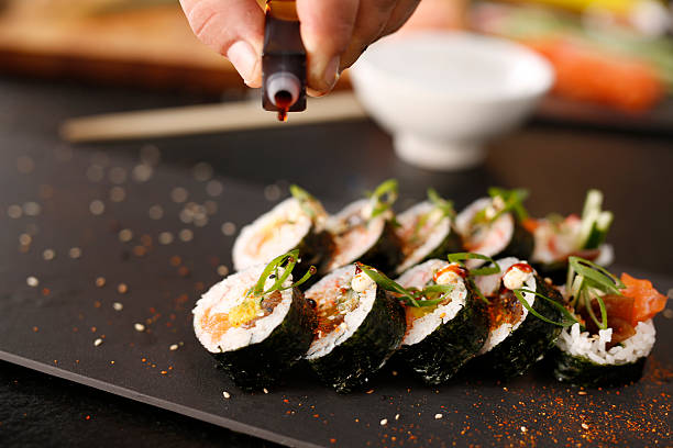 istock Smoked salmon nigiri sushi. 496998652