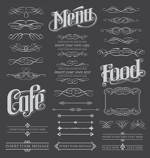 illustrazioni stock, clip art, cartoni animati e icone di tendenza di set di design di calligrafia chalkboard menu - pattern design sign cafe