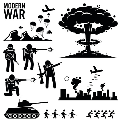 Set of human pictogram representing the modern world war. Army soldier is parachuting down from aircraft. Bomber is bombing the city. Nuclear weapon explosion is used, together with infantry and tank.