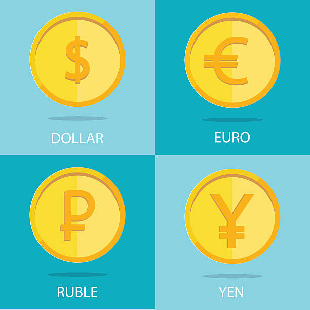 set of  coins on colorful background, euro, dollar, ruble, yen Modern vector set of gold coins on colorful background, euro, dollar, ruble, yen british coins stock illustrations