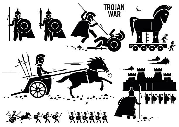 illustrazioni stock, clip art, cartoni animati e icone di tendenza di guerra di troia cavallo greco roma guerriero troy sparta spartan cliparts - gladiator sword warrior men