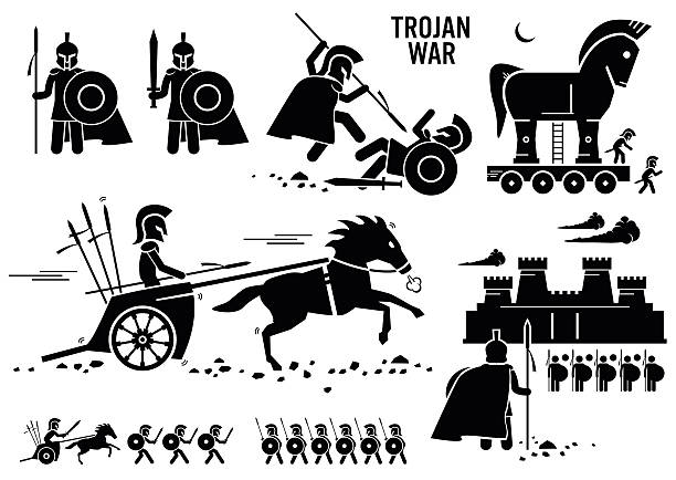 ilustrações, clipart, desenhos animados e ícones de guerra de tróia cavalo grego roma guerreiro troy sparta espartanos cliparts - chariot