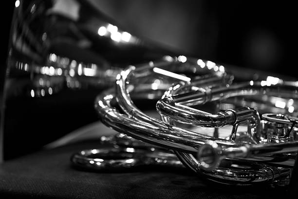 trompa fragment detalhe - brass band french horn brass instrument music - fotografias e filmes do acervo