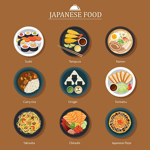 ilustraciones, imágenes clip art, dibujos animados e iconos de stock de conjunto de iconos de comida japonesa - comida japonesa