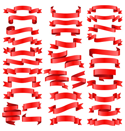 Set of Red Celebration Curved Ribbons Variations Isolated on White Background