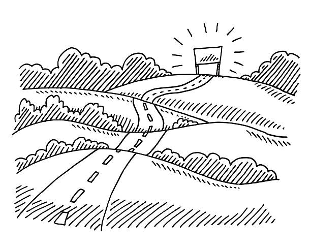 Landscape Road Finish Concept Drawing Hand-drawn vector drawing of a Landscape with a hilly Road and a Finishing Line visible, Finish Concept. Black-and-White sketch on a transparent background (.eps-file). Included files are EPS (v10) and Hi-Res JPG. pen and marker stock illustrations