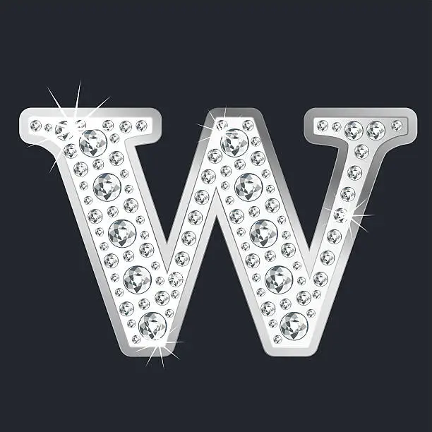 Vector illustration of Silver shining Letter W with diamonds