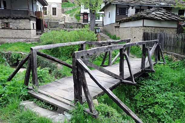 Wooden bridge in medieval Bozhentsi village in Bulgaria