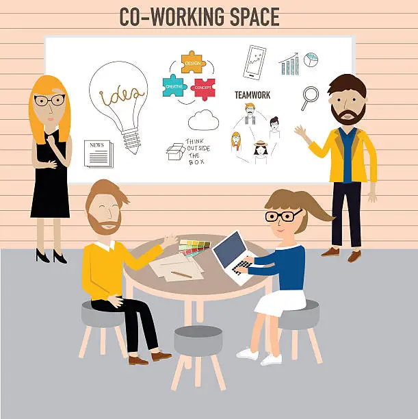 Vector illustration of Hipster people working in the co-working space infographics elem