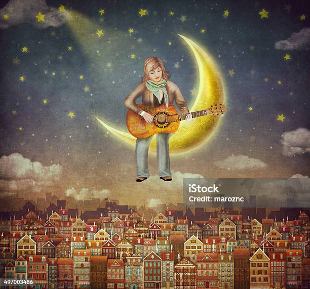 Illustration Of Cute Houses And Man In Night Sky Stock Illustration - Download Image Now