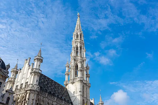 Upper part of Town hall - Grandplace (Grote Markt) in Brussels,Belgium with blue sky
