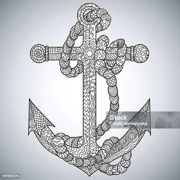 Anchor And Rope For Antistress Coloring Stock Illustration - Download Image Now - 2015, Adult, Anchor - Vessel Part