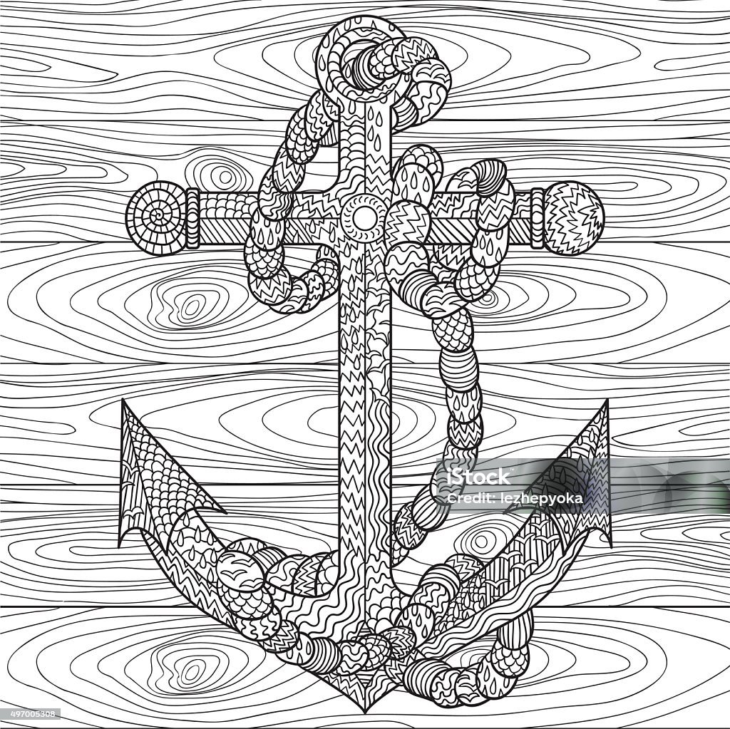 Anchor and rope in for antistress coloring. Hand drawn illustration of an anchor and rope. Adult antistress coloring page. Black white hand drawn doodle ship equipment.  Sketch for tattoo, poster, t-shirt. Layered vector. Sea stock vector