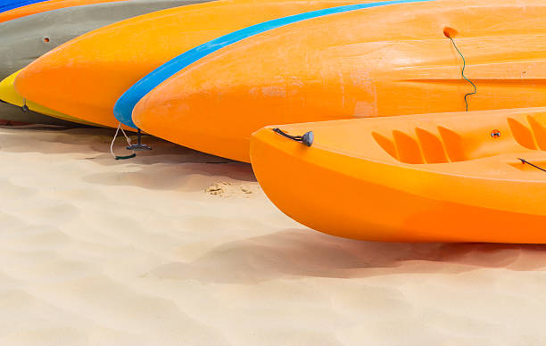 istock Colorful kayaks orderly dock on the beach 497005523