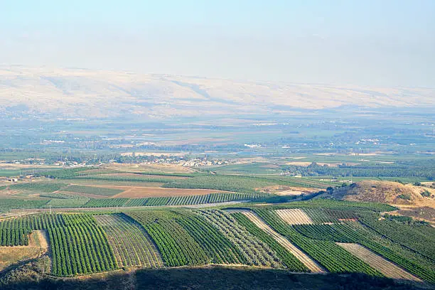Golan Heights and Metula fields view in Upper Galilee, Israel.
