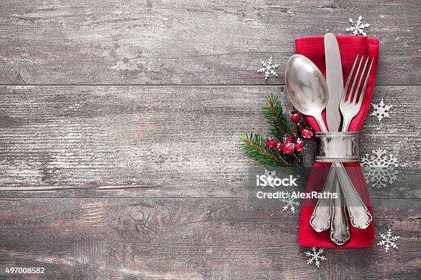 Christmas Table Place Setting Stock Photo - Download Image Now - Christmas, Place Setting, Table