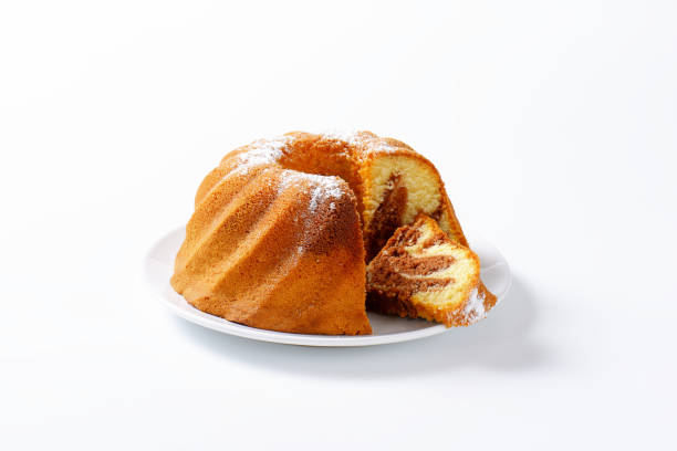 Chocolate and vanilla bundt cake, slice cut off