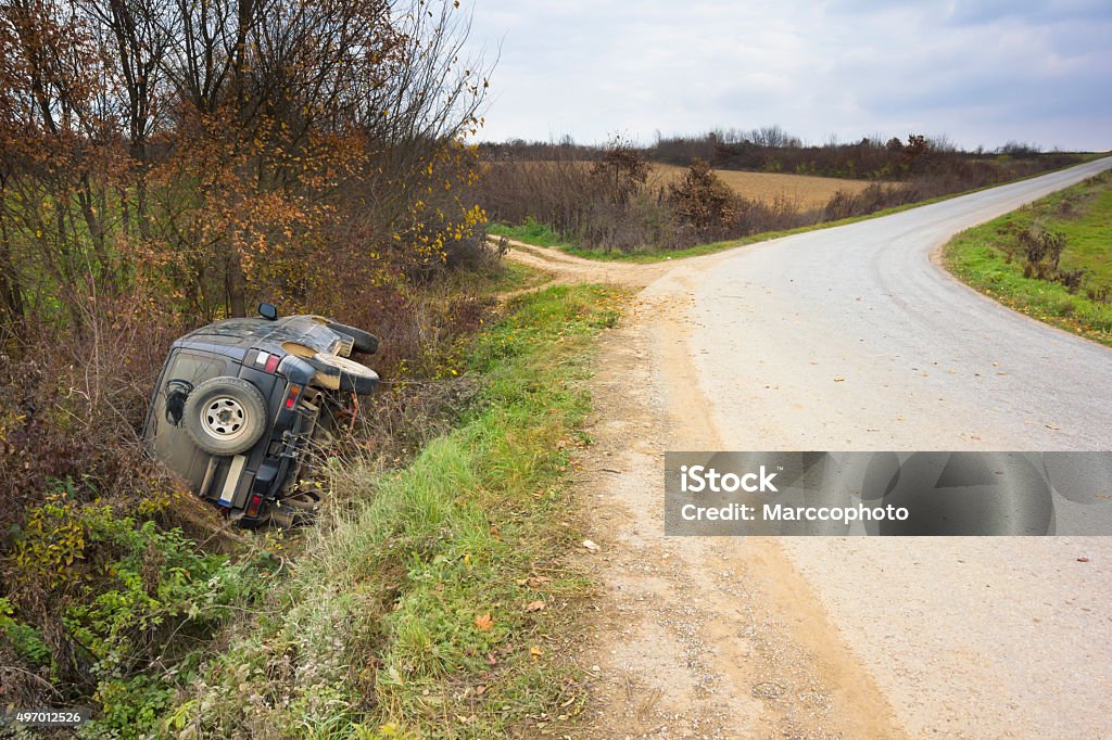 Car skidded off the road and crashed into ditch Traffic accident where car pulled up too fast in a bend and skidded off the road into ditch. Photo is taken with dslr camera in European countryside. Car Stock Photo