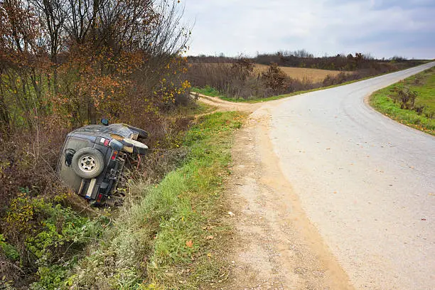 Traffic accident where car pulled up too fast in a bend and skidded off the road into ditch. Photo is taken with dslr camera in European countryside.