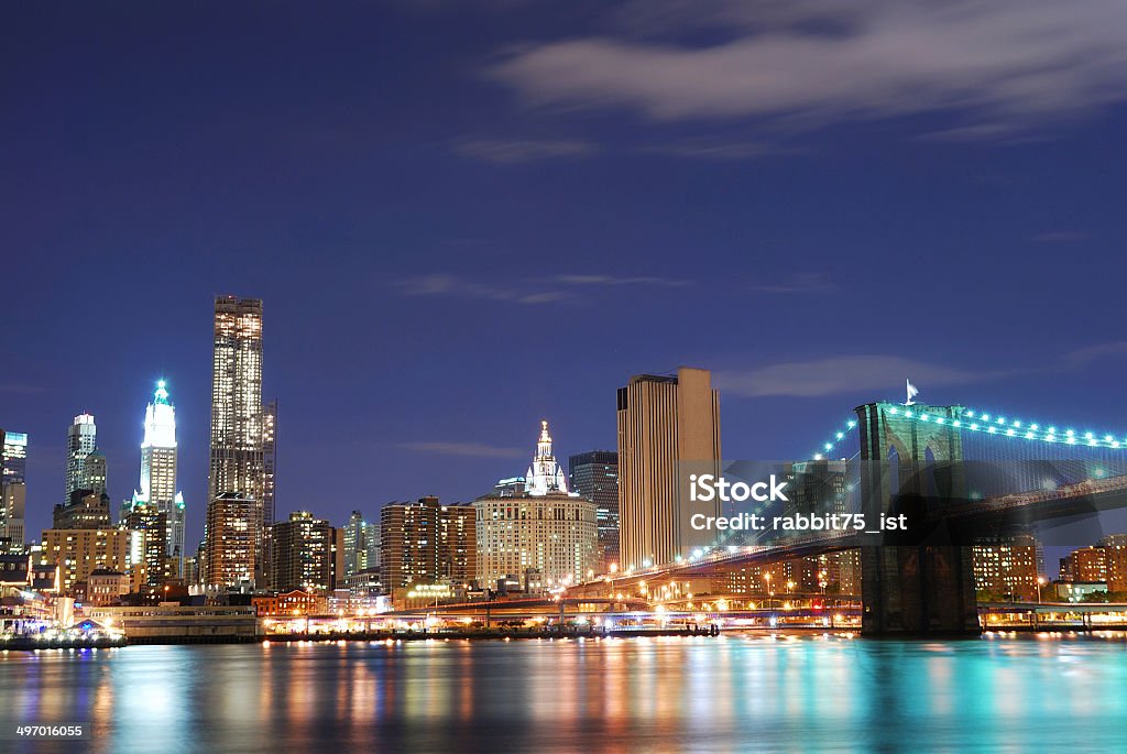 New York City Manhattan skyline New York City Manhattan skyline and Brooklyn Bridge at dusk over Hudson River with skyscrapers Architecture Stock Photo