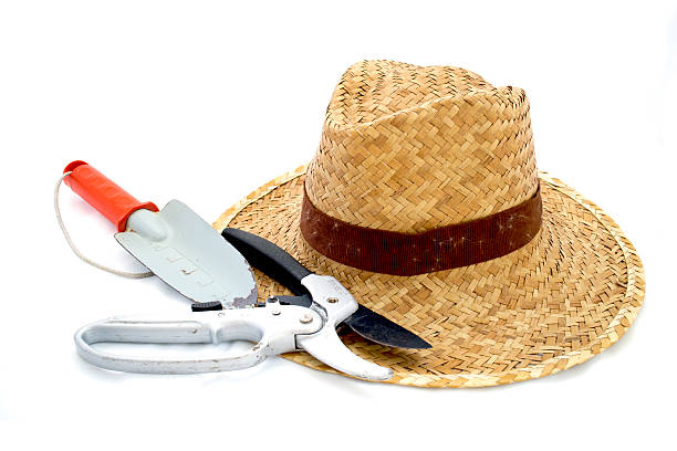 istock Straw hat and hand trowel and pruning shear on white 497017511