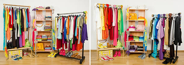 istock Wardrobe before nicely arranged randomly and after organized by colors. 497020145