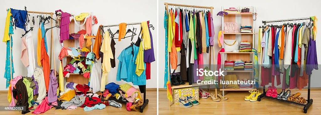 Wardrobe before messy after tidy. Untidy cluttered woman dressing with clothes and accessories vs. closet nicely arranged on hangers and shelf. Messy Stock Photo