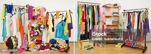 Wardrobe Before Messy After Tidy Stock Photo - Download Image Now - Messy, Neat, Closet