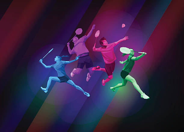 sport-poster mit badminton player - federball stock-grafiken, -clipart, -cartoons und -symbole
