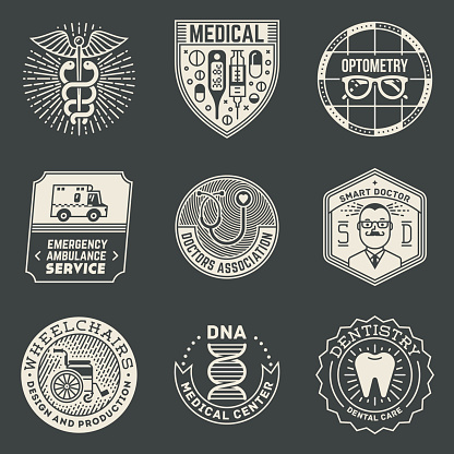 Assorted Medical Insignias Logotypes Template Set On Dark. Line Art Vector Elements.