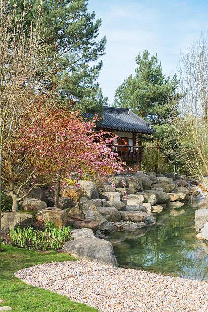 istock Water pavilion on the river bank with rocks 497023258