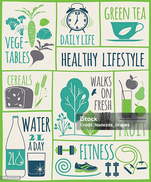 Healthy Lifestyle Icons Set Stock Illustration - Download Image Now - 2015, Animal Markings, Backgrounds