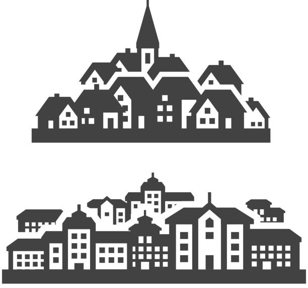illustrazioni stock, clip art, cartoni animati e icone di tendenza di city, città icone stabilite segni e simboli - villaggio immagine