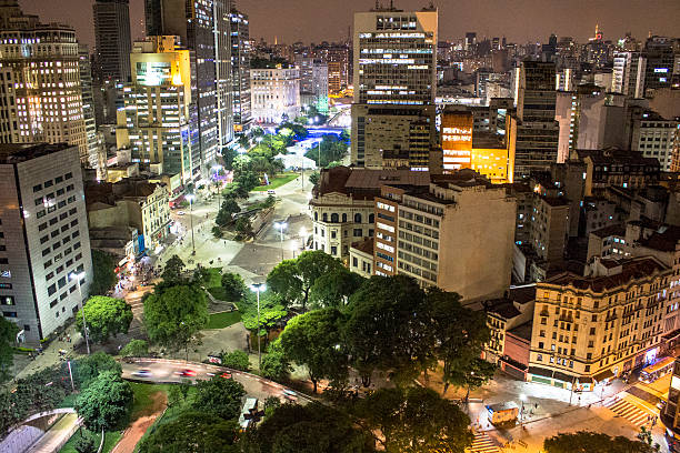 Aerial view Sao Paulo, Brazil, November 13, 2015. Aerial view of Anhangabau Valley in downtown São Paulo at night Anhangabáu stock pictures, royalty-free photos & images