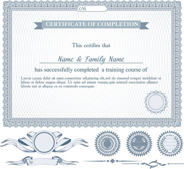 illustrations, cliparts, dessins animés et icônes de modèle de certificat bleu horizontales avec des éléments de design - certificate stock certificate diploma frame