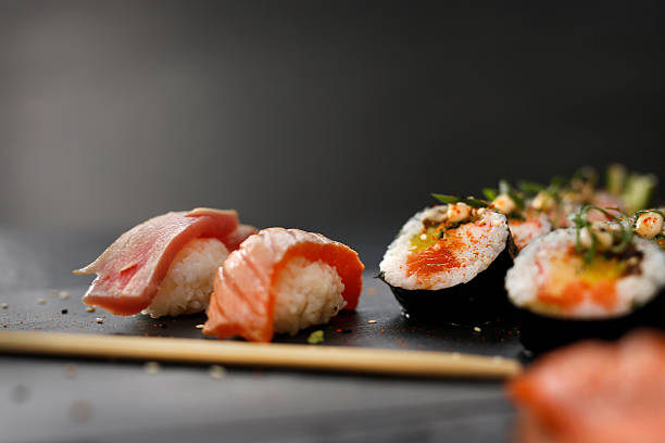 istock Smoked salmon nigiri sushi. 497025566
