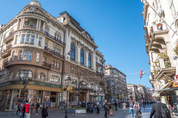 Knez Mihailova street in Belgrade Belgrade, Serbia - November 12, 2015: Knez Mihailova Street is the main pedestrian and shopping zone in Belgrade, and is protected by law as one of the oldest and most valuable landmarks of the city. Many locals and tourist walk in this street every day. Knez Mihailova street is full of shops and restaurants. knez mihailova stock pictures, royalty-free photos & images
