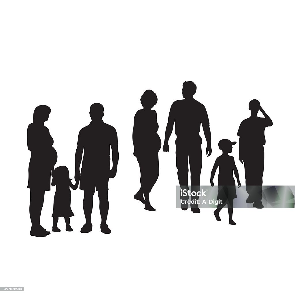 Expecting A vector silhouette illustration of young families including young children, fathers, and very pregnant mothers. 2015 stock vector