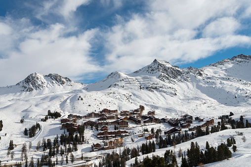 Winter ski alpine resort village view