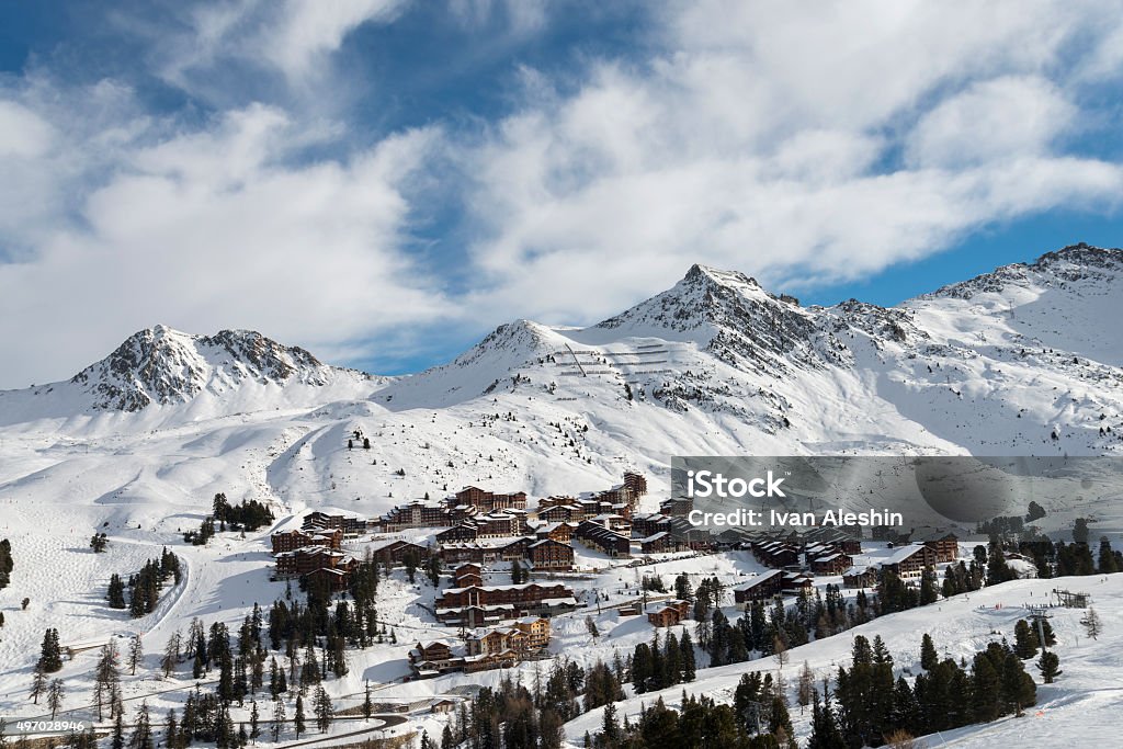 Winter ski alpine resort village view La Plagne Stock Photo