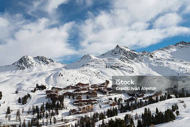 Winter Ski Alpine Resort Village View Stock Photo - Download Image Now - La Plagne, Village, Skiing