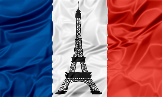 The national waving flag of France. Blue, white red background with black Eiffel Tower symbol.