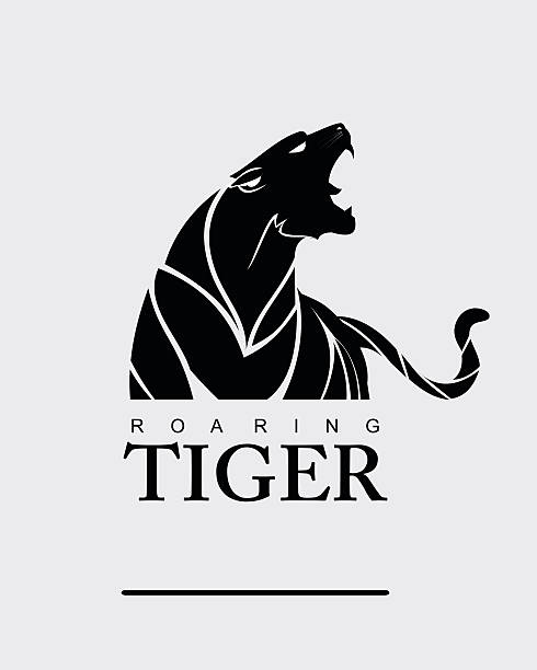 illustrazioni stock, clip art, cartoni animati e icone di tendenza di tigre. tigre con etichetta. - tiger roaring danger power
