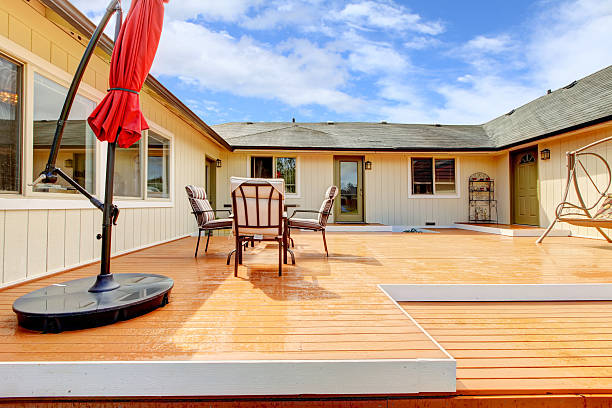 istock House backyard. Walkout deck with patio area 497036823