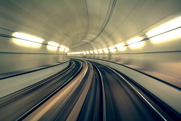Underground train is speeding fast in a tunnel
