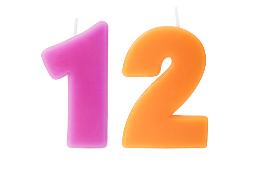 Colorful birthday candles in the form of the number twelve on white background